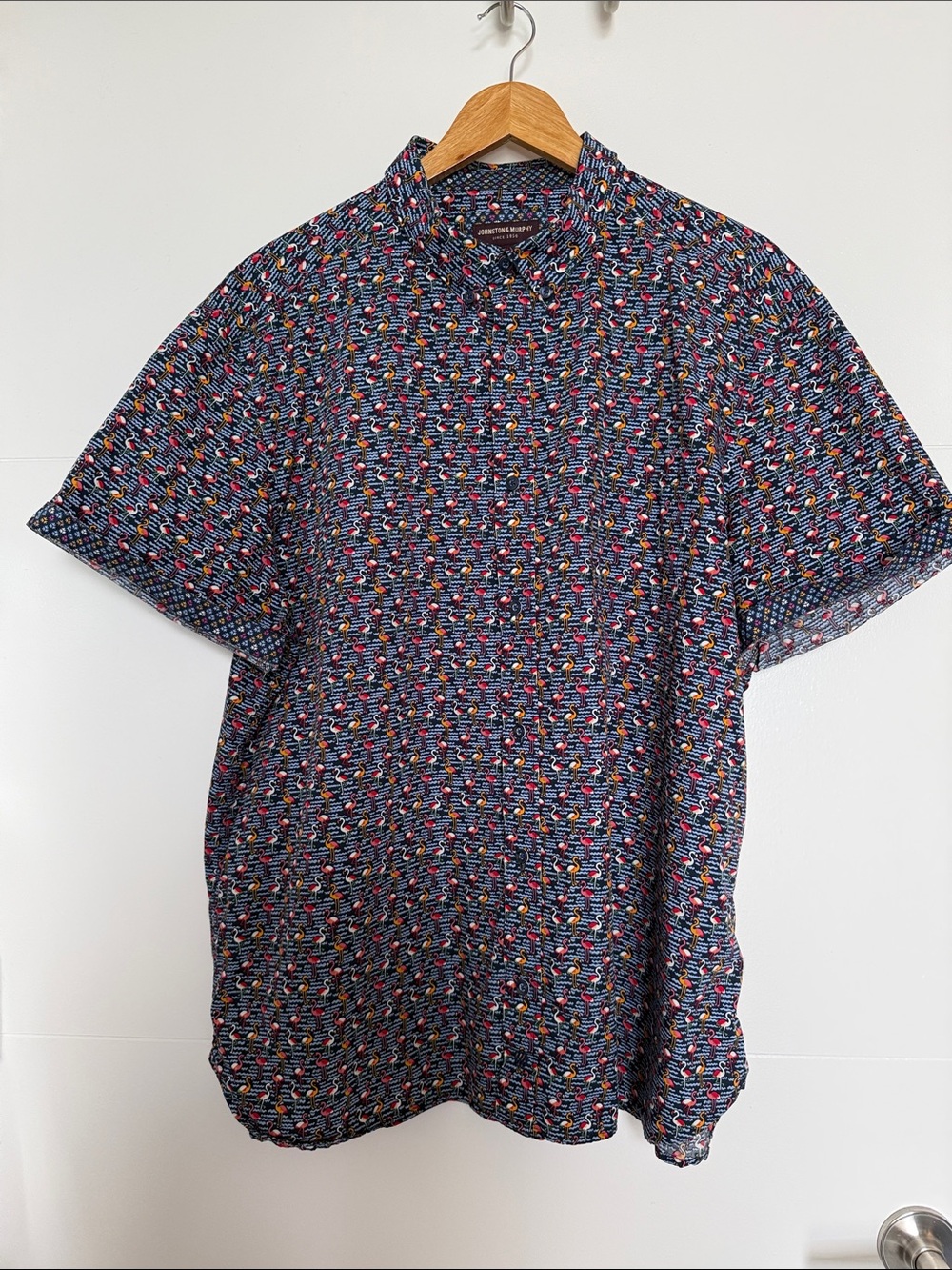 Johnston & Murphy Navy Short-Sleeve Button-Down with Multicolor Flamingo Print
